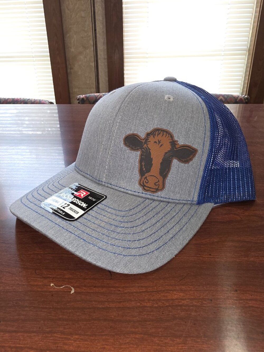 Richardson Gray/Blue Adjustable Mesh Back Trucker Hat Cow Patch